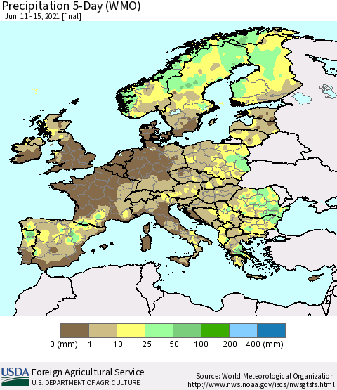 Europe Precipitation 5-Day (WMO) Thematic Map For 6/11/2021 - 6/15/2021