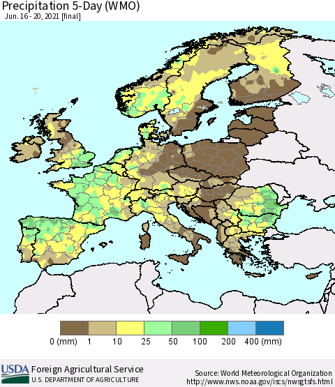 Europe Precipitation 5-Day (WMO) Thematic Map For 6/16/2021 - 6/20/2021