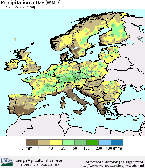 Europe Precipitation 5-Day (WMO) Thematic Map For 6/21/2021 - 6/25/2021