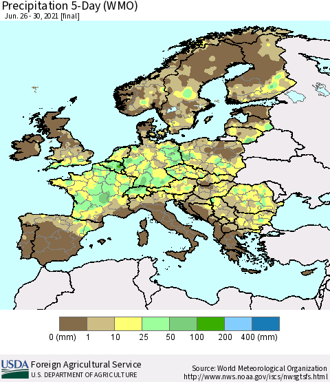 Europe Precipitation 5-Day (WMO) Thematic Map For 6/26/2021 - 6/30/2021
