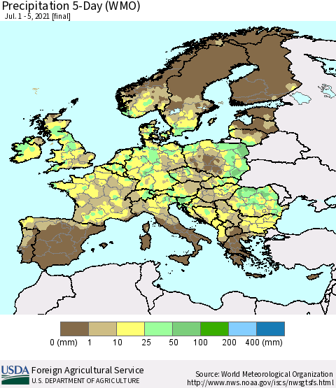 Europe Precipitation 5-Day (WMO) Thematic Map For 7/1/2021 - 7/5/2021