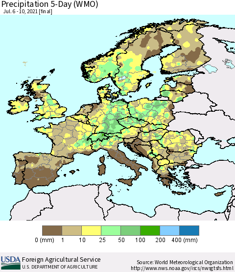 Europe Precipitation 5-Day (WMO) Thematic Map For 7/6/2021 - 7/10/2021