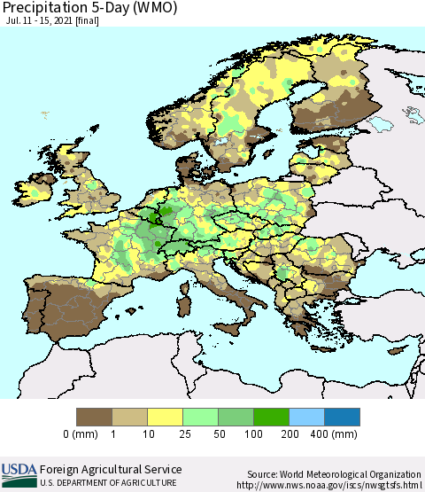 Europe Precipitation 5-Day (WMO) Thematic Map For 7/11/2021 - 7/15/2021