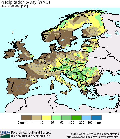 Europe Precipitation 5-Day (WMO) Thematic Map For 7/16/2021 - 7/20/2021