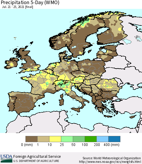 Europe Precipitation 5-Day (WMO) Thematic Map For 7/21/2021 - 7/25/2021