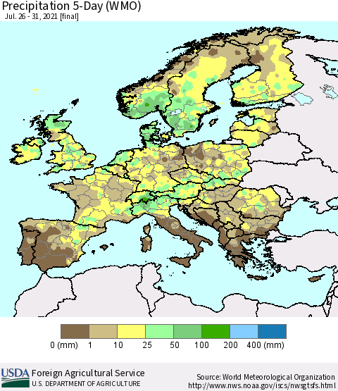 Europe Precipitation 5-Day (WMO) Thematic Map For 7/26/2021 - 7/31/2021