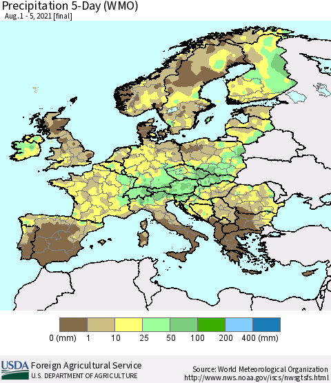 Europe Precipitation 5-Day (WMO) Thematic Map For 8/1/2021 - 8/5/2021