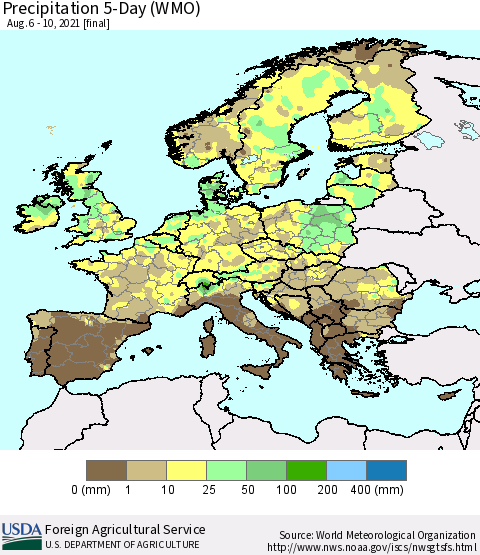 Europe Precipitation 5-Day (WMO) Thematic Map For 8/6/2021 - 8/10/2021