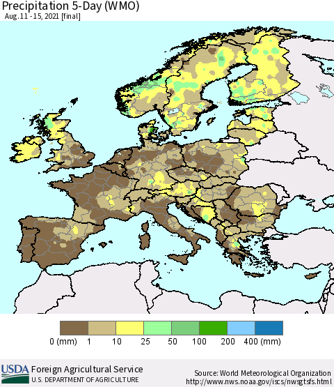 Europe Precipitation 5-Day (WMO) Thematic Map For 8/11/2021 - 8/15/2021
