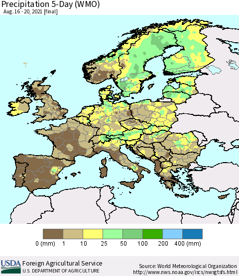 Europe Precipitation 5-Day (WMO) Thematic Map For 8/16/2021 - 8/20/2021