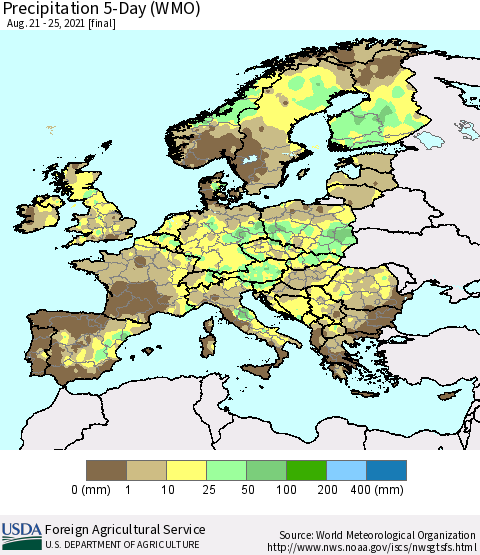 Europe Precipitation 5-Day (WMO) Thematic Map For 8/21/2021 - 8/25/2021