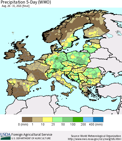 Europe Precipitation 5-Day (WMO) Thematic Map For 8/26/2021 - 8/31/2021
