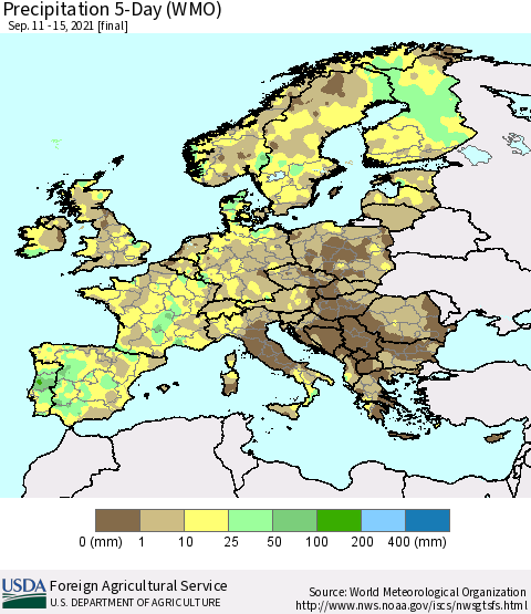 Europe Precipitation 5-Day (WMO) Thematic Map For 9/11/2021 - 9/15/2021