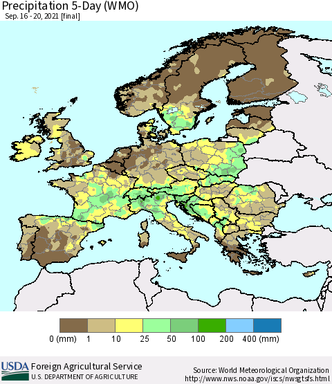 Europe Precipitation 5-Day (WMO) Thematic Map For 9/16/2021 - 9/20/2021