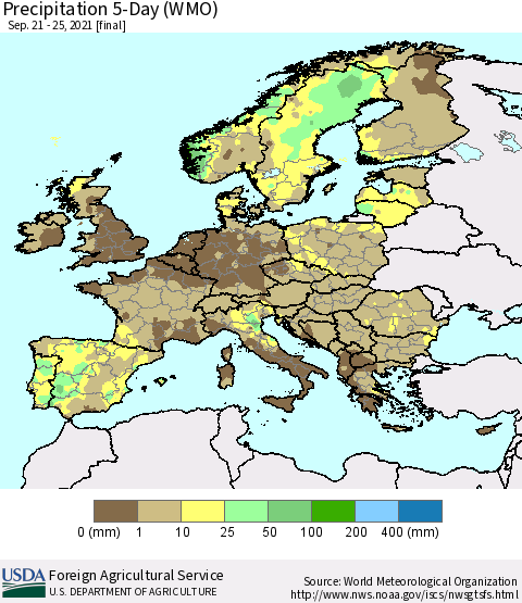 Europe Precipitation 5-Day (WMO) Thematic Map For 9/21/2021 - 9/25/2021