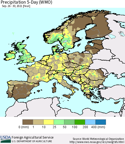 Europe Precipitation 5-Day (WMO) Thematic Map For 9/26/2021 - 9/30/2021