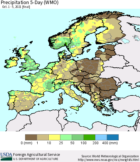 Europe Precipitation 5-Day (WMO) Thematic Map For 10/1/2021 - 10/5/2021