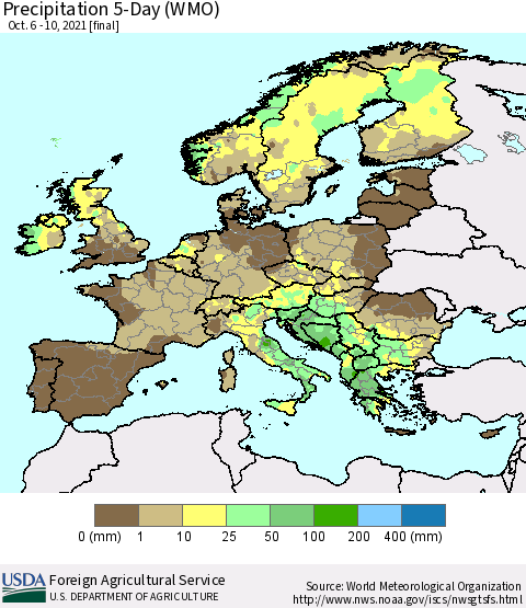 Europe Precipitation 5-Day (WMO) Thematic Map For 10/6/2021 - 10/10/2021