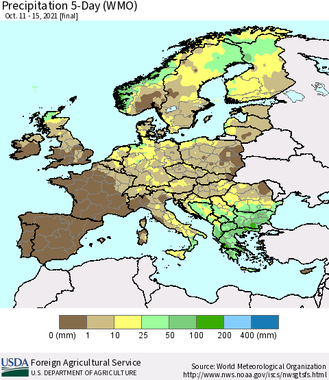 Europe Precipitation 5-Day (WMO) Thematic Map For 10/11/2021 - 10/15/2021