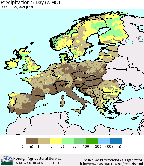 Europe Precipitation 5-Day (WMO) Thematic Map For 10/16/2021 - 10/20/2021