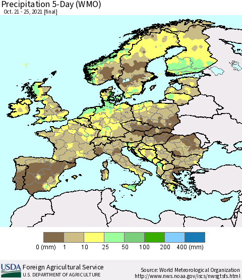 Europe Precipitation 5-Day (WMO) Thematic Map For 10/21/2021 - 10/25/2021
