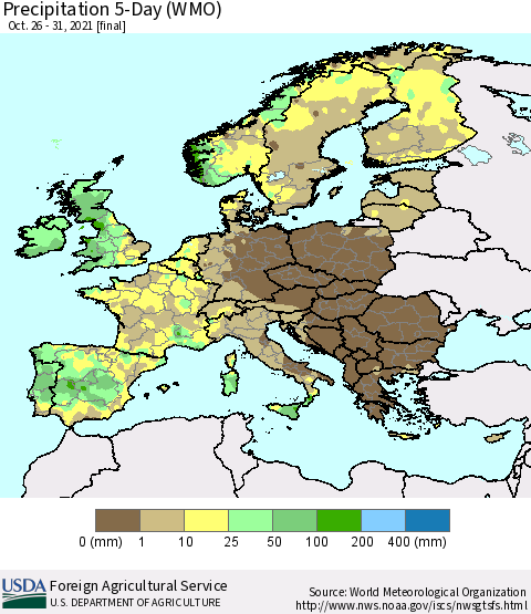 Europe Precipitation 5-Day (WMO) Thematic Map For 10/26/2021 - 10/31/2021