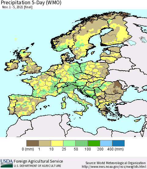 Europe Precipitation 5-Day (WMO) Thematic Map For 11/1/2021 - 11/5/2021