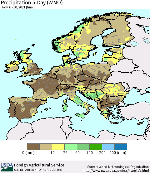 Europe Precipitation 5-Day (WMO) Thematic Map For 11/6/2021 - 11/10/2021