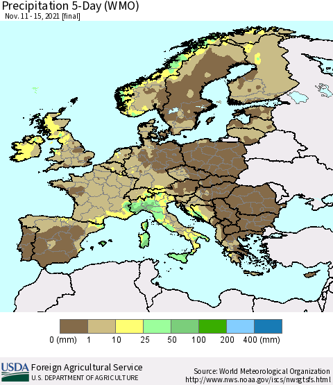 Europe Precipitation 5-Day (WMO) Thematic Map For 11/11/2021 - 11/15/2021