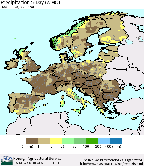 Europe Precipitation 5-Day (WMO) Thematic Map For 11/16/2021 - 11/20/2021