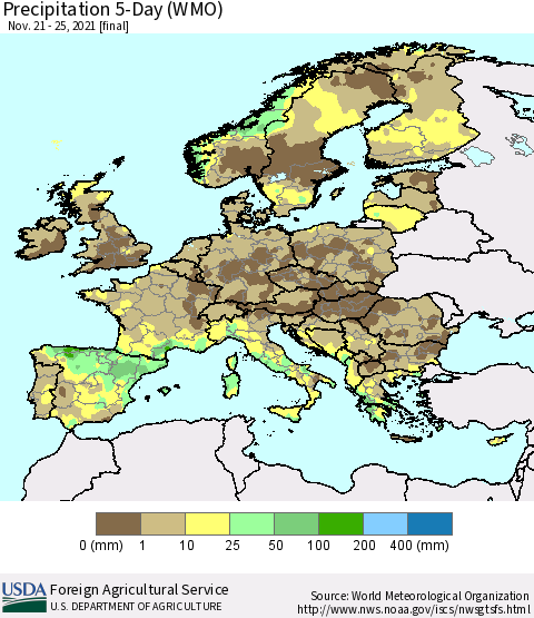 Europe Precipitation 5-Day (WMO) Thematic Map For 11/21/2021 - 11/25/2021