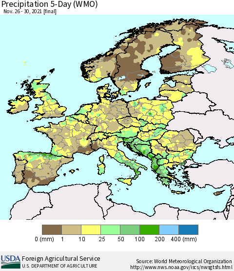 Europe Precipitation 5-Day (WMO) Thematic Map For 11/26/2021 - 11/30/2021