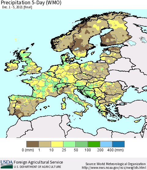 Europe Precipitation 5-Day (WMO) Thematic Map For 12/1/2021 - 12/5/2021