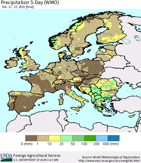 Europe Precipitation 5-Day (WMO) Thematic Map For 12/11/2021 - 12/15/2021