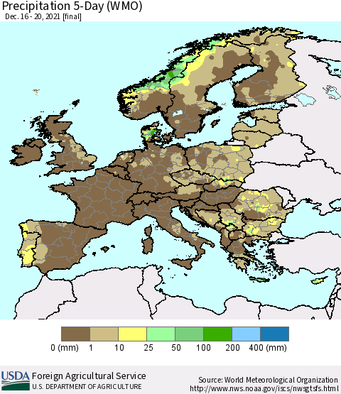 Europe Precipitation 5-Day (WMO) Thematic Map For 12/16/2021 - 12/20/2021