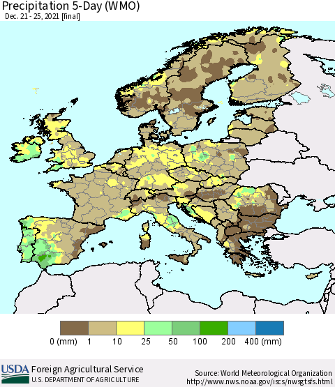 Europe Precipitation 5-Day (WMO) Thematic Map For 12/21/2021 - 12/25/2021