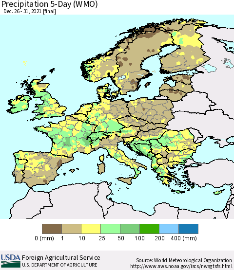 Europe Precipitation 5-Day (WMO) Thematic Map For 12/26/2021 - 12/31/2021