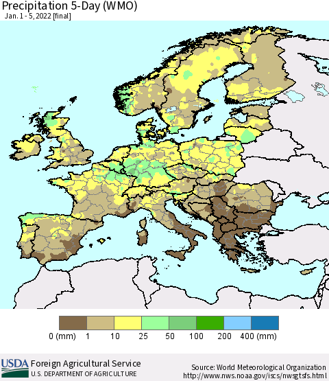 Europe Precipitation 5-Day (WMO) Thematic Map For 1/1/2022 - 1/5/2022