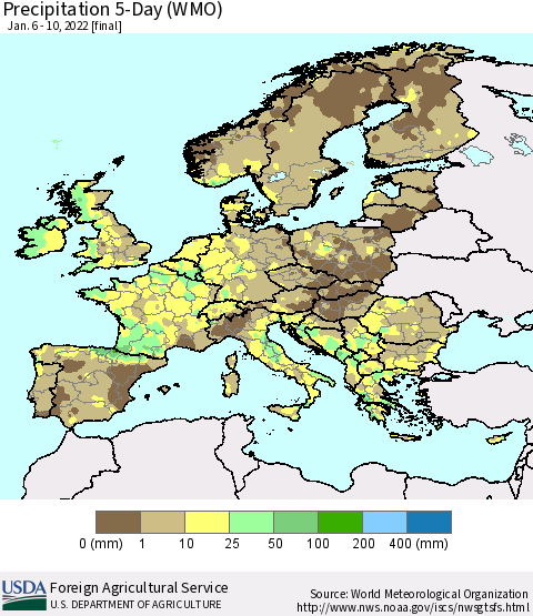 Europe Precipitation 5-Day (WMO) Thematic Map For 1/6/2022 - 1/10/2022