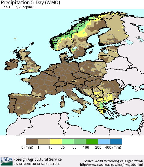 Europe Precipitation 5-Day (WMO) Thematic Map For 1/11/2022 - 1/15/2022