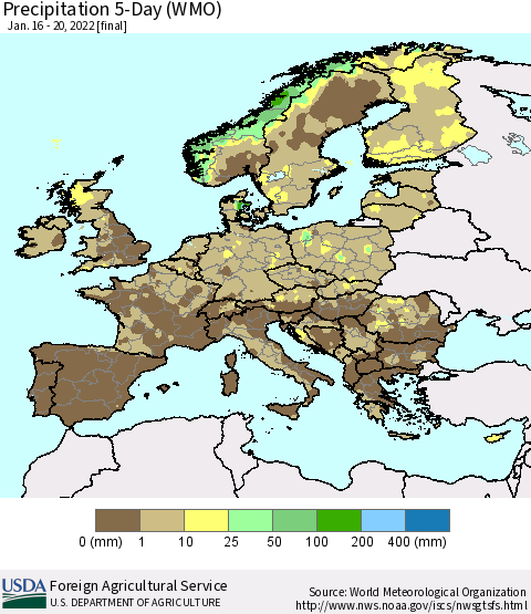 Europe Precipitation 5-Day (WMO) Thematic Map For 1/16/2022 - 1/20/2022