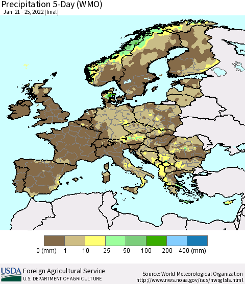 Europe Precipitation 5-Day (WMO) Thematic Map For 1/21/2022 - 1/25/2022