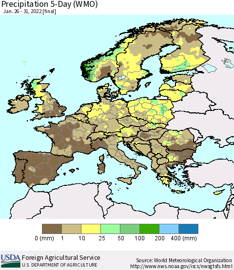Europe Precipitation 5-Day (WMO) Thematic Map For 1/26/2022 - 1/31/2022