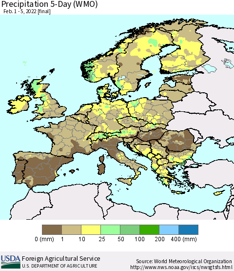 Europe Precipitation 5-Day (WMO) Thematic Map For 2/1/2022 - 2/5/2022
