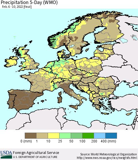 Europe Precipitation 5-Day (WMO) Thematic Map For 2/6/2022 - 2/10/2022