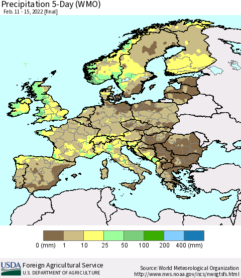 Europe Precipitation 5-Day (WMO) Thematic Map For 2/11/2022 - 2/15/2022