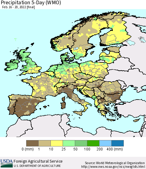 Europe Precipitation 5-Day (WMO) Thematic Map For 2/16/2022 - 2/20/2022