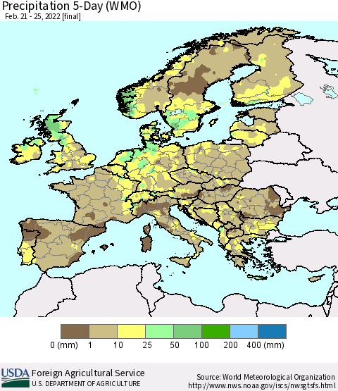 Europe Precipitation 5-Day (WMO) Thematic Map For 2/21/2022 - 2/25/2022