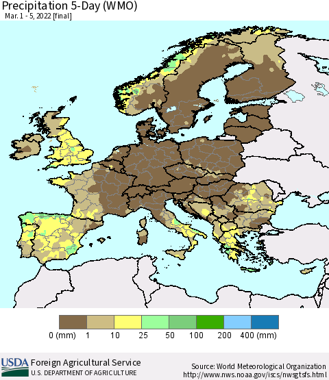Europe Precipitation 5-Day (WMO) Thematic Map For 3/1/2022 - 3/5/2022