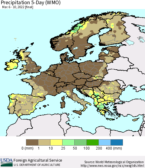 Europe Precipitation 5-Day (WMO) Thematic Map For 3/6/2022 - 3/10/2022